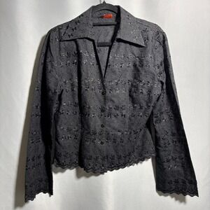 VTG Black Floral Embroidered Eyelet Button Down Crop Top Dark Cottage Core M Y2K